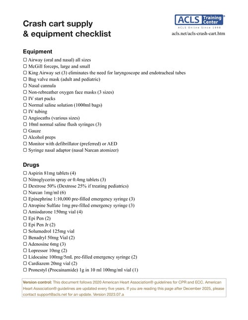 Emergency crash cart checklist